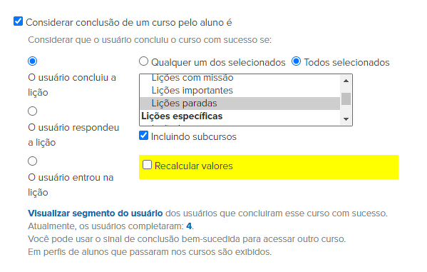 <p>Não há aulas no curso em si, há apenas o subcurso.&nbsp;<br>Considera-se como conclusão do curso a conclusão de todas as aulas pausadas em todos os subcursos.</p>