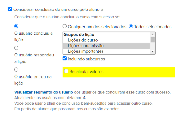 <p>				Considera-se como conclusão do curso a conclusão de todas as aulas com tarefas no curso e em todos os subcursos		</p>