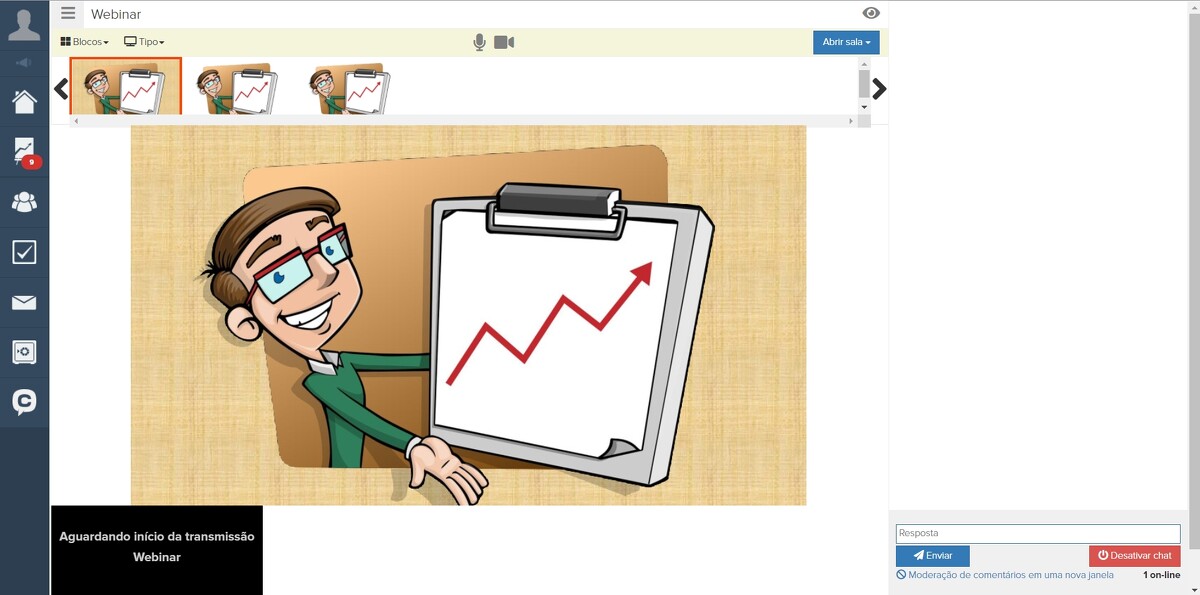 <p>Sala de webinar no site -> seção Webinars</p>