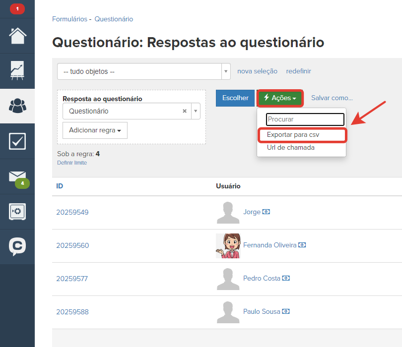 Экспорт результатов анкетирования