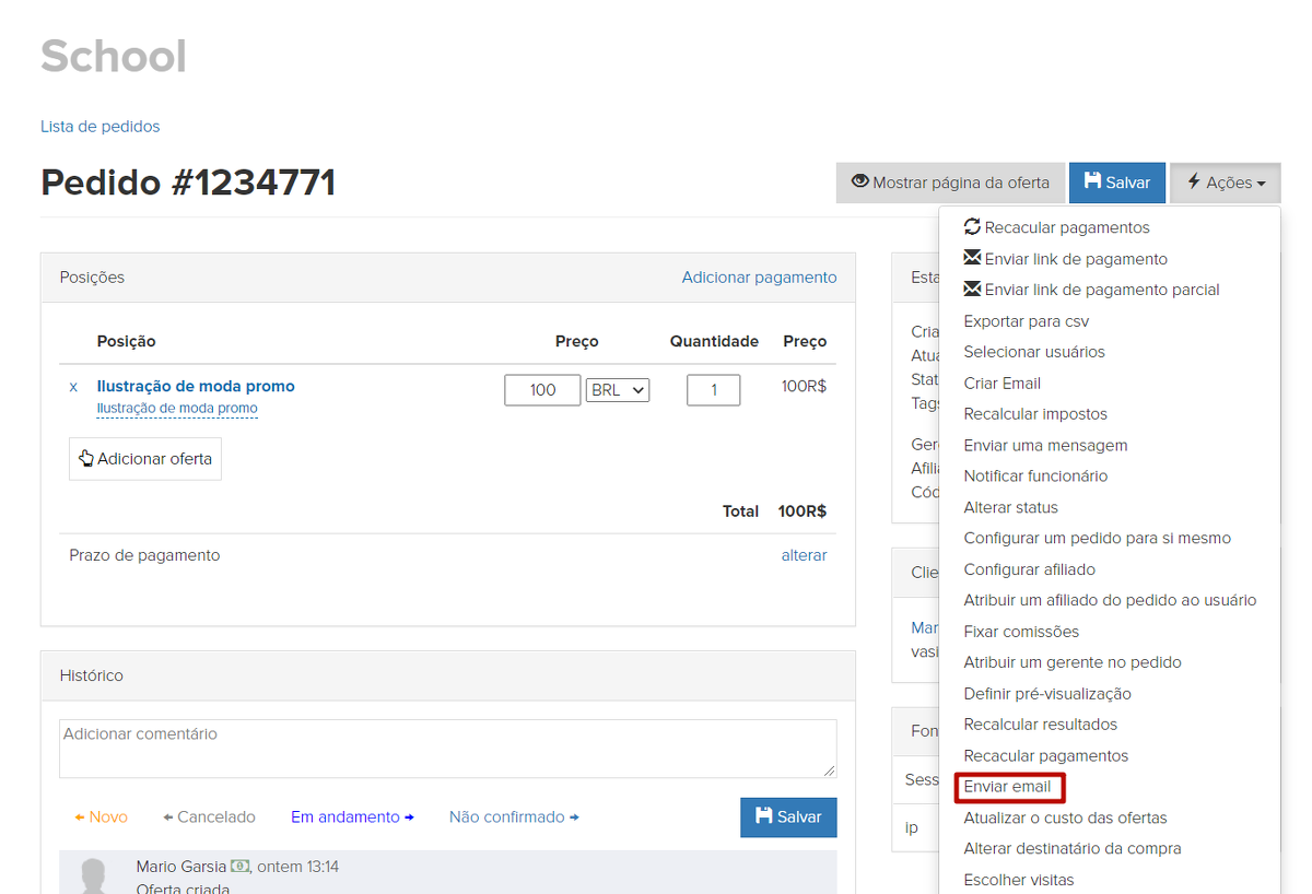 		<p>		Enviar mensagem do cartão de pedido 	</p>	